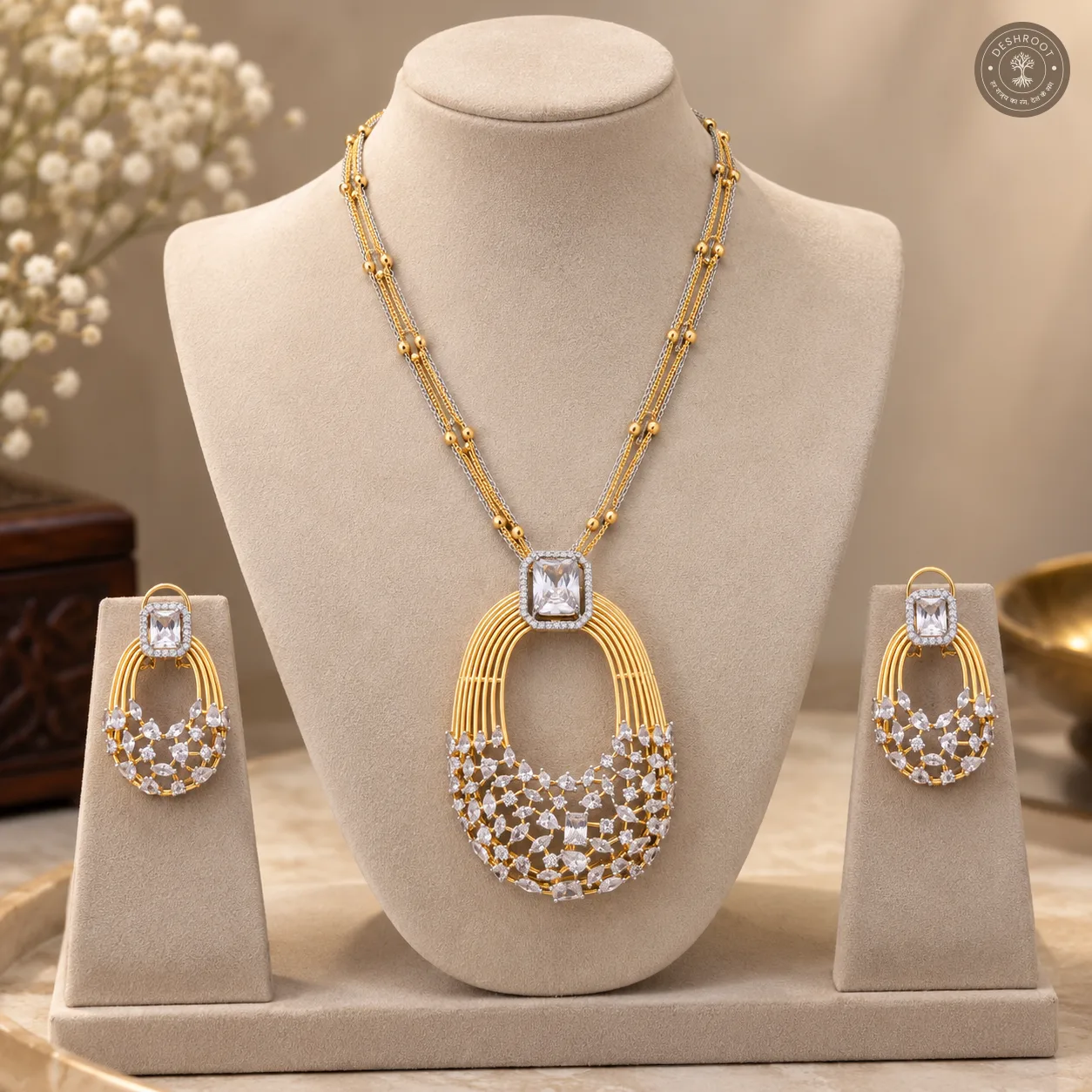 Two-Tone AD Diamond Pendant Necklace & Earrings Set | Statement Jewellery