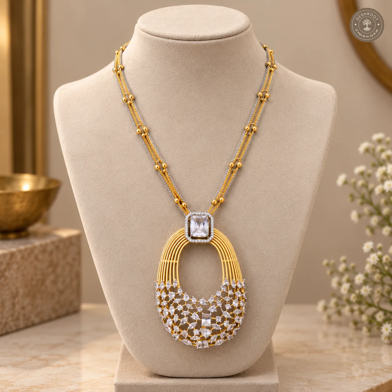 Two-Tone AD Diamond Pendant Necklace & Earrings Set | Statement Jewellery