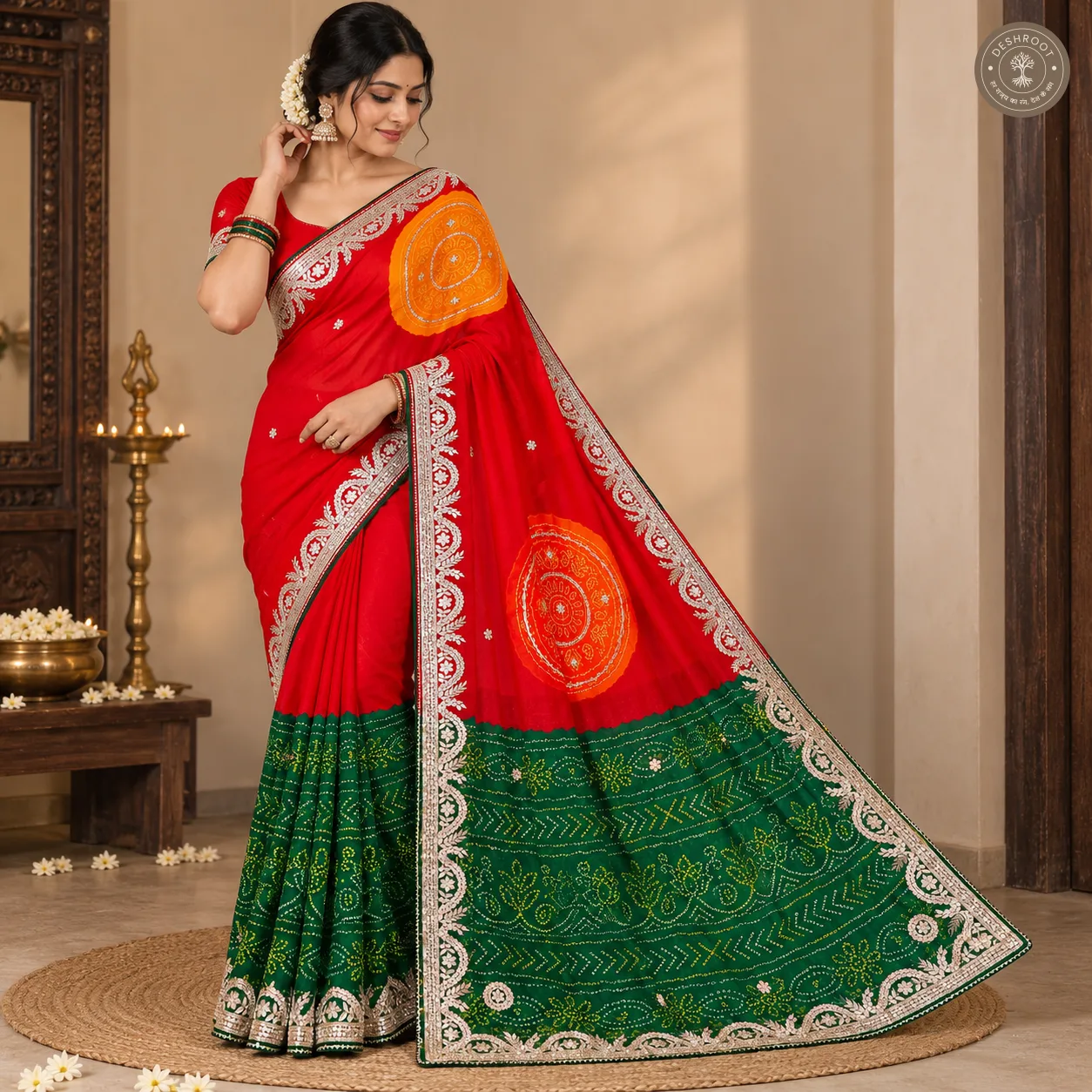 Moss Georgette Bandhani Gota Patti Saree with Unstitched Blouse