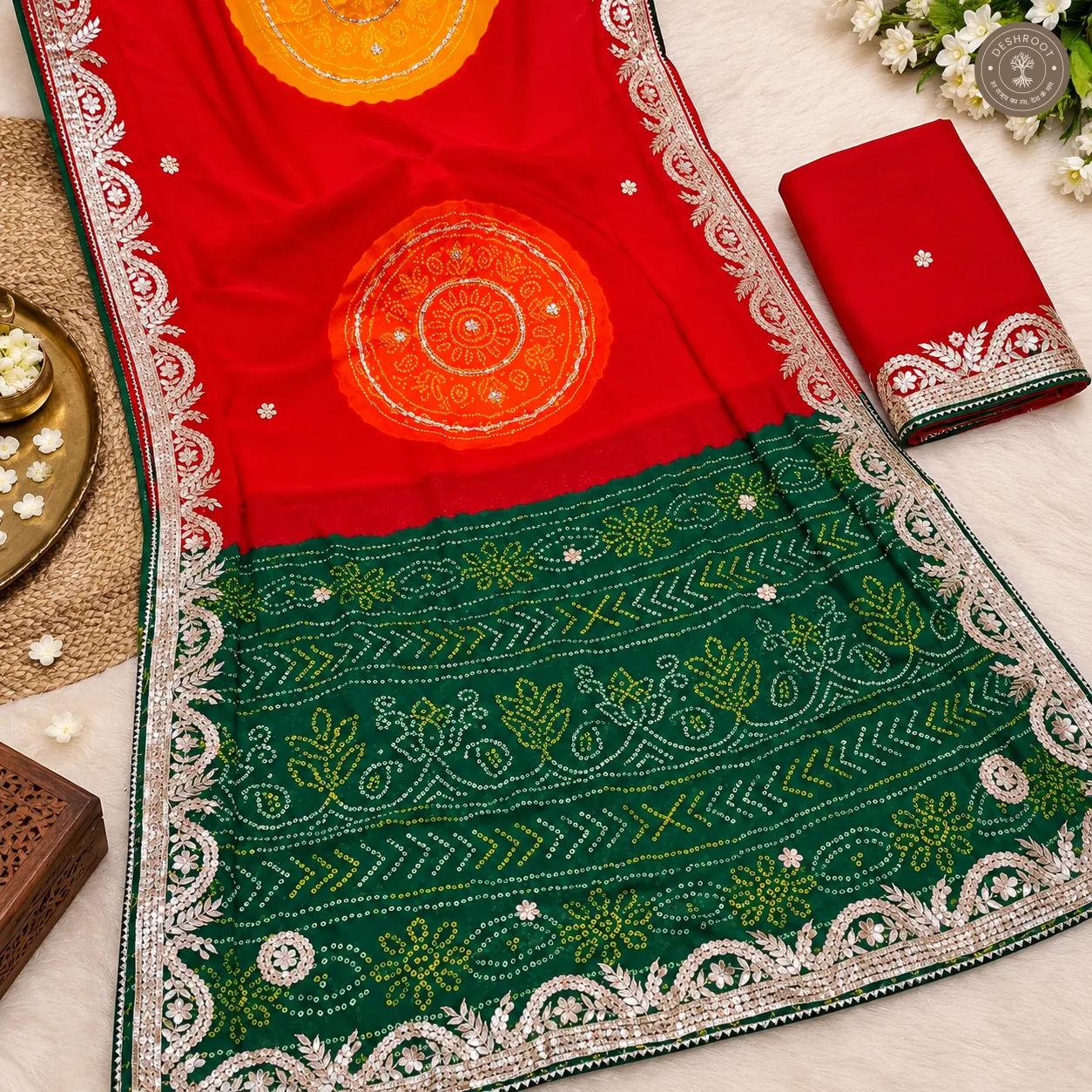 Moss Georgette Bandhani Gota Patti Saree with Unstitched Blouse