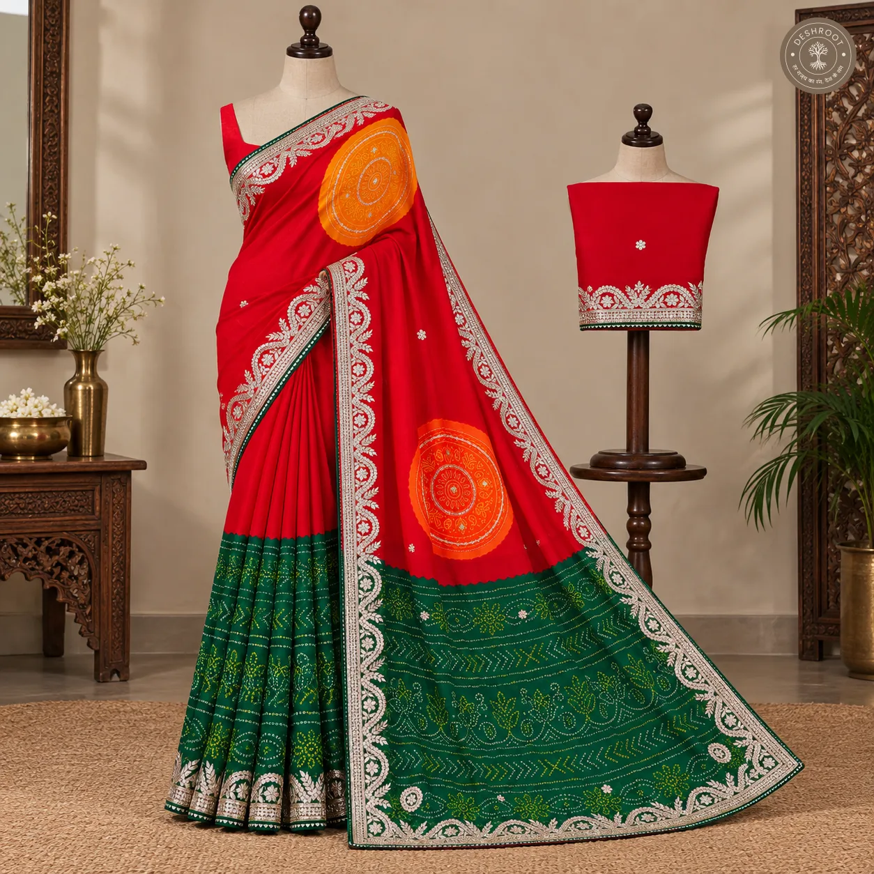 Moss Georgette Bandhani Gota Patti Saree with Unstitched Blouse