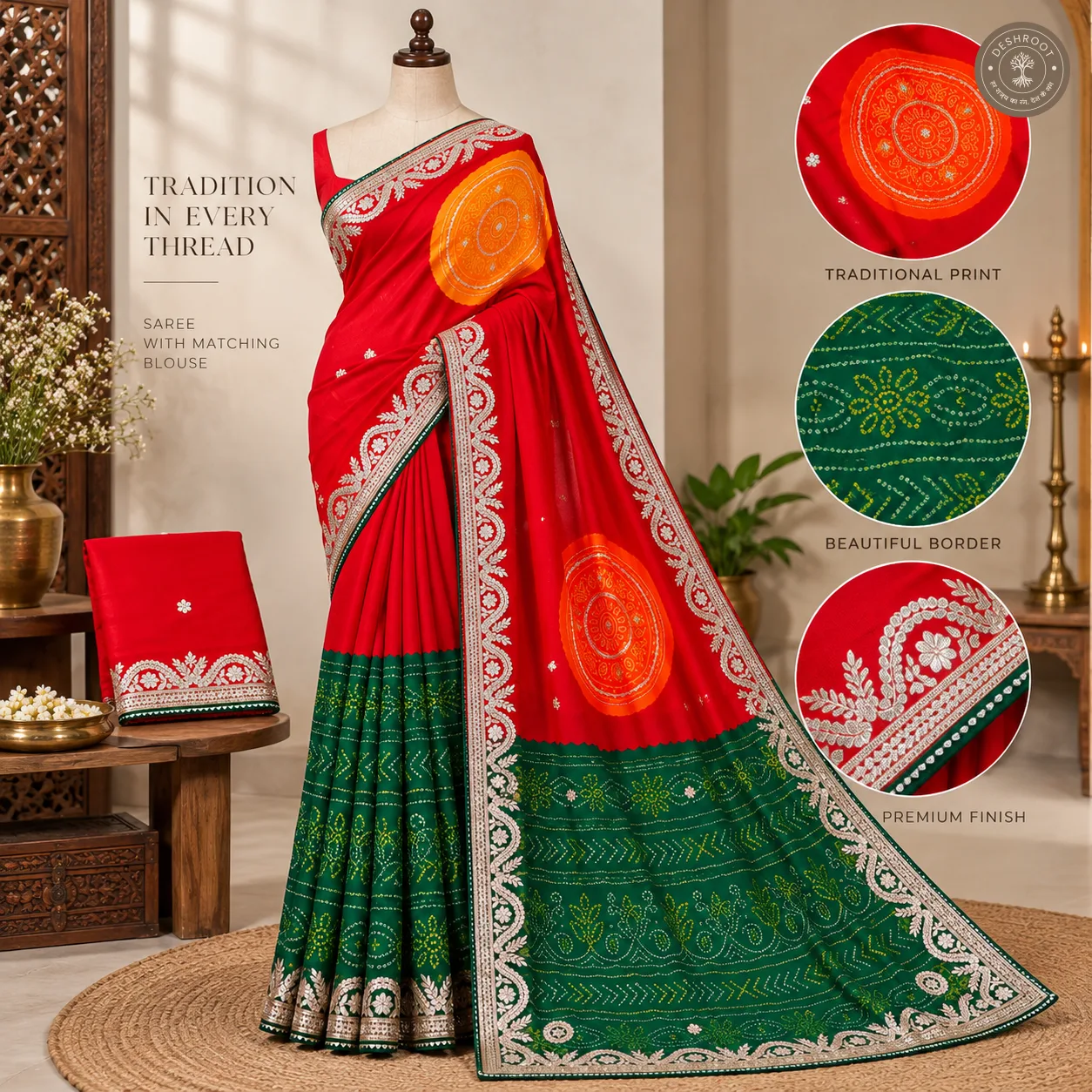 Moss Georgette Bandhani Gota Patti Saree with Unstitched Blouse