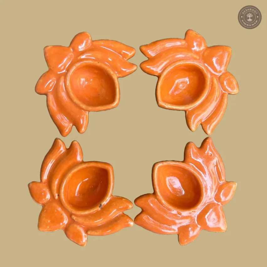 Orange Lotus Diya Set of 4 – Handcrafted Ceramic Festive Diyas