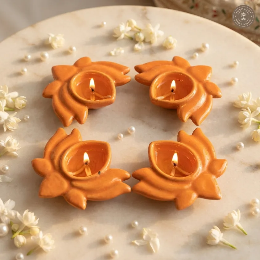 Orange Lotus Diya Set of 4 – Handcrafted Ceramic Festive Diyas