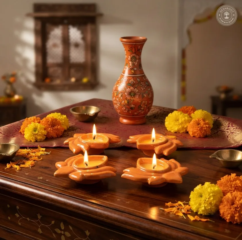 Orange Lotus Diya Set of 4 – Handcrafted Ceramic Festive Diyas