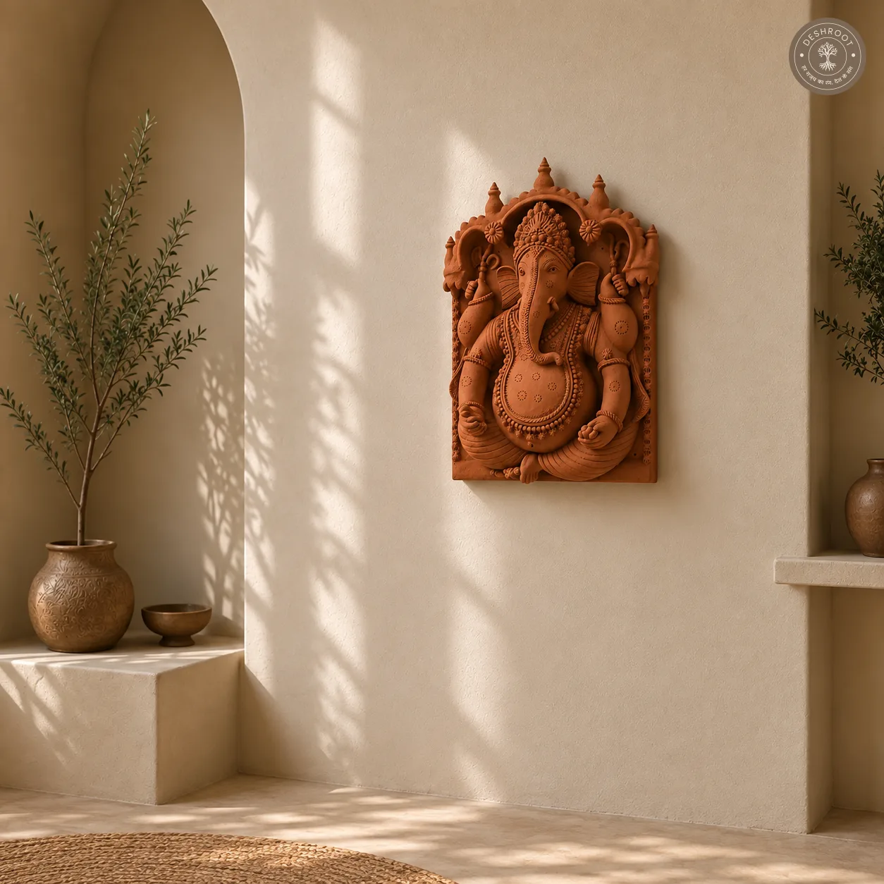 Handcrafted Terracotta Lord Ganesha Wall Panel – Rajasthani Traditional Clay Wall Art with Intricate Sculpted Detailing for Pooja Room, Home & Spiritual Décor