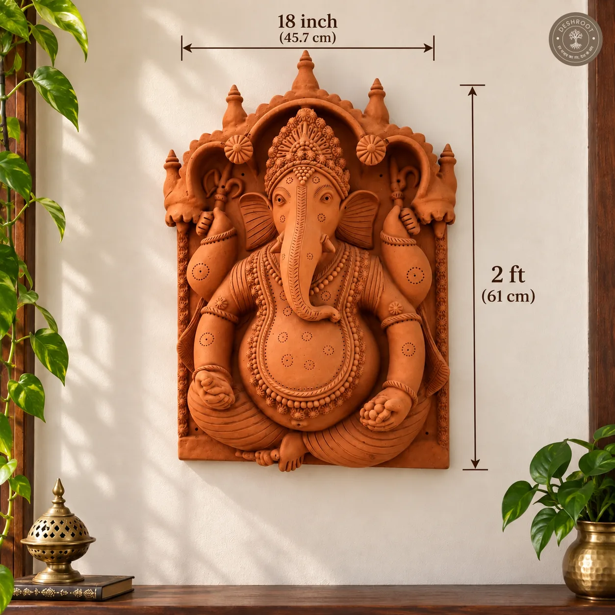 Handcrafted Terracotta Lord Ganesha Wall Panel – Rajasthani Traditional Clay Wall Art with Intricate Sculpted Detailing for Pooja Room, Home & Spiritual Décor
