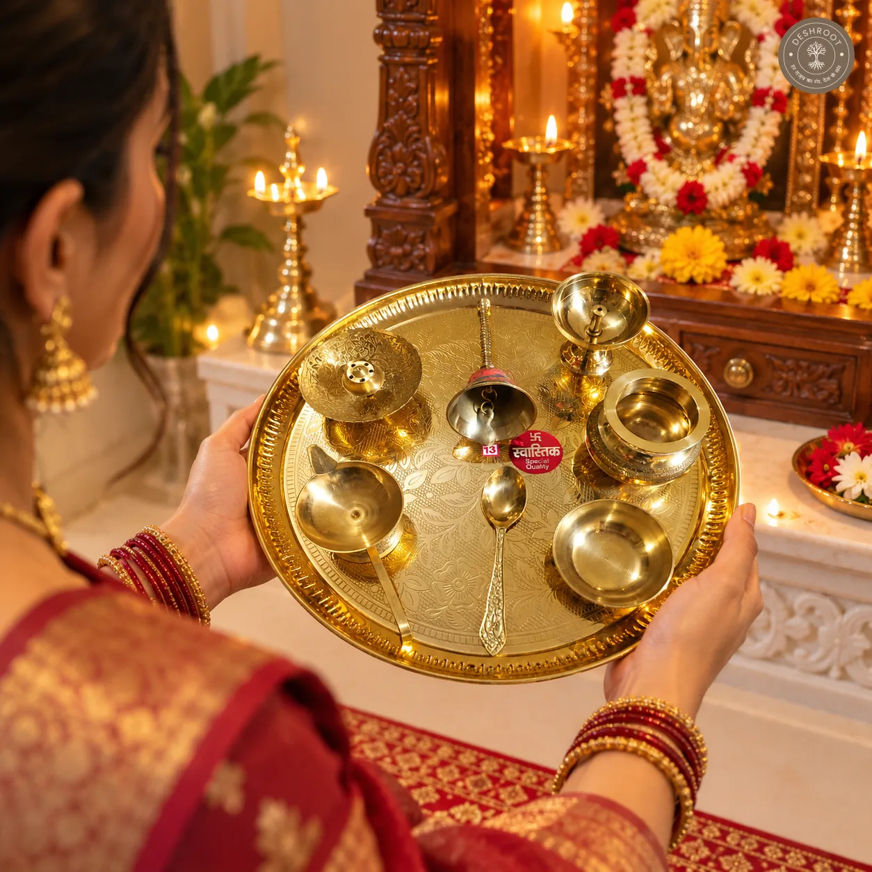 Traditional Brass Pooja Thali Set – 13-Piece Handcrafted Brass Puja Thali with Floral Engraving, Diya, Bell, Bowls & Spoon for Daily Worship, Diwali & Gifting