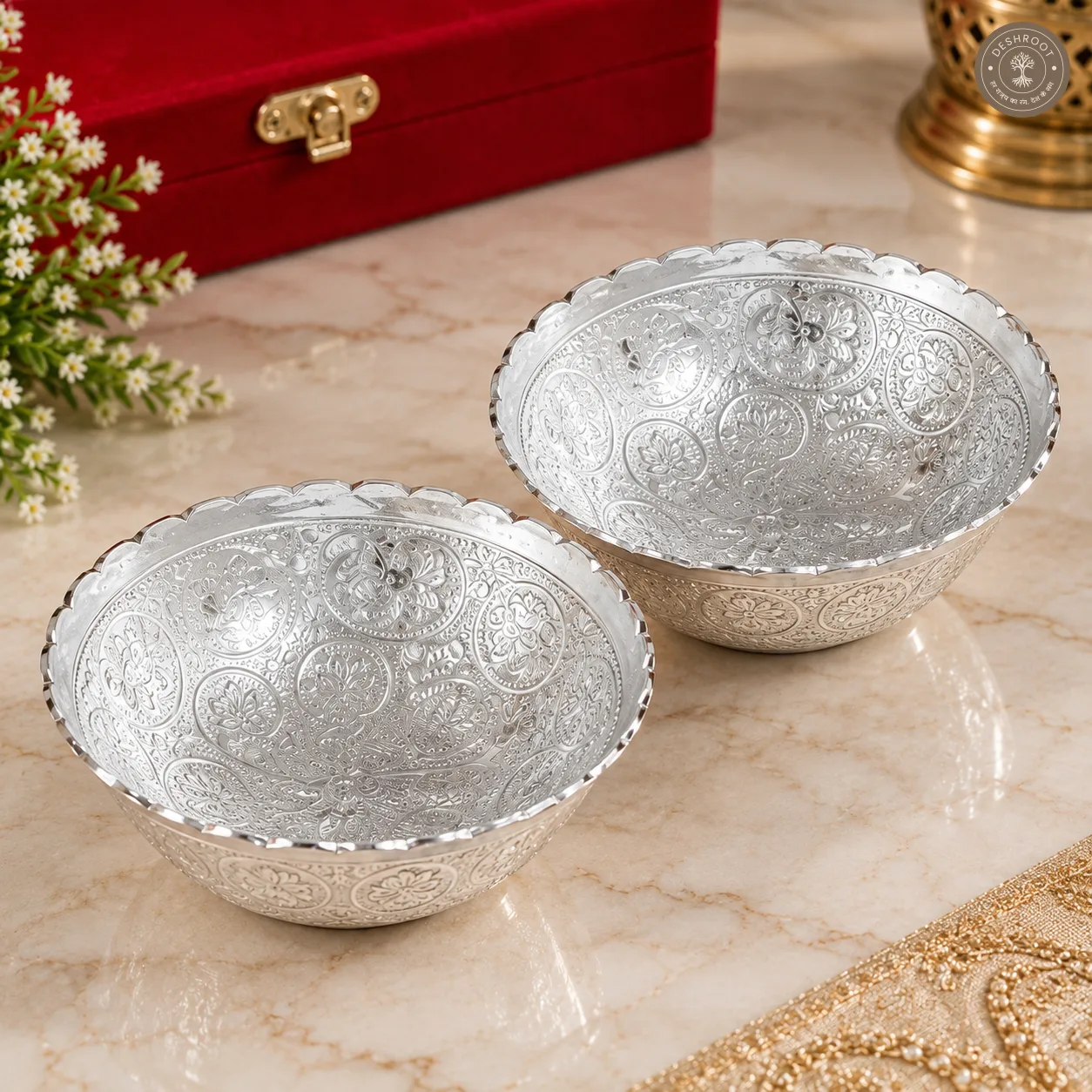 Royal Gold & Silver Plated Katori Set (2 Katoris, 2 Spoons, 1 Tray - with Premium Red Velvet Box)