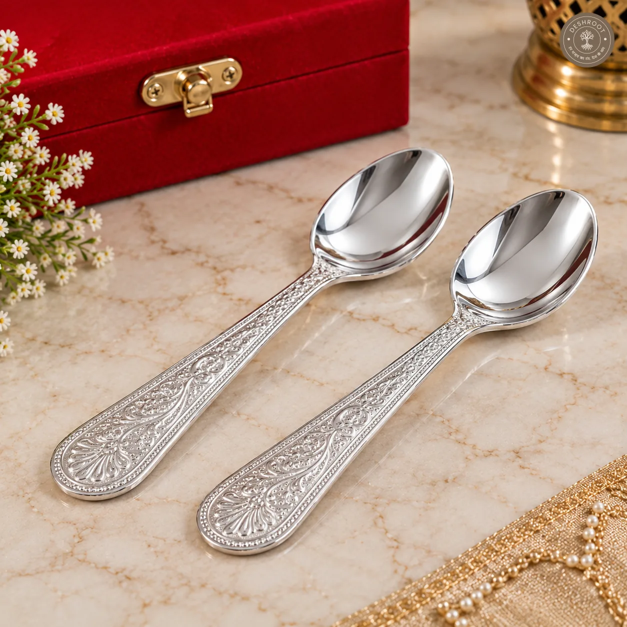 Royal Gold & Silver Plated Katori Set (2 Katoris, 2 Spoons, 1 Tray - with Premium Red Velvet Box)