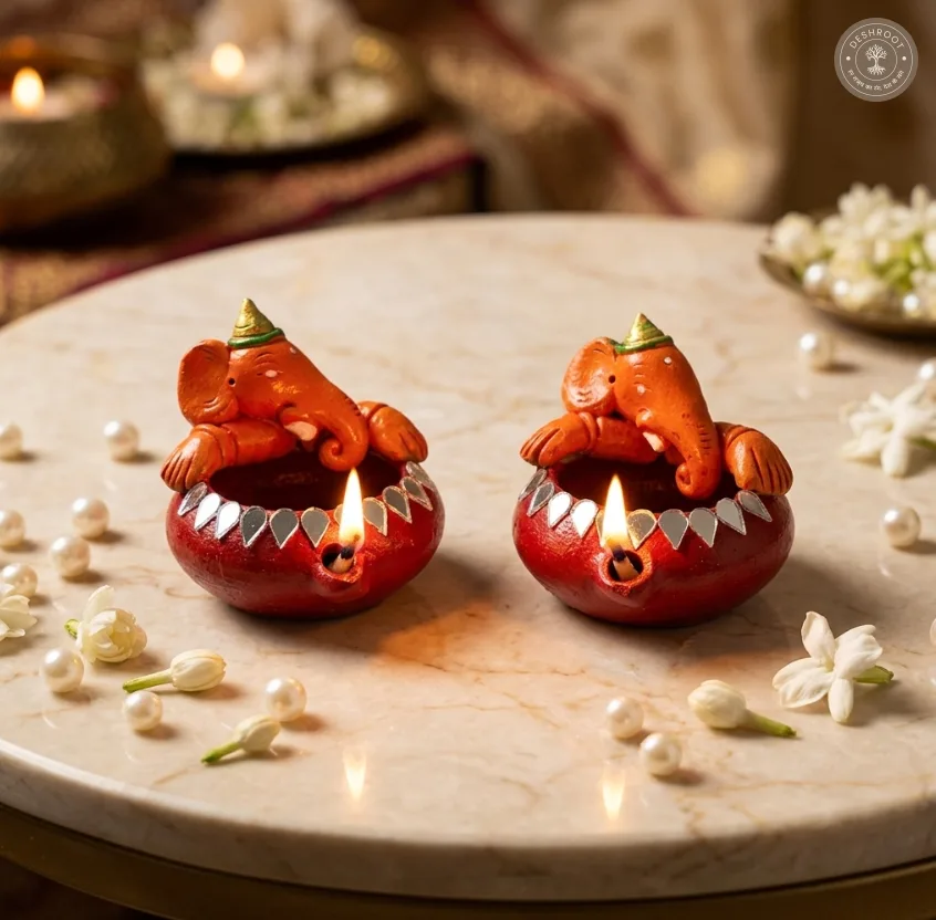 Painted Ganesh Diya Set of 2 – Handcrafted Terracotta Decorative Diyas for Pooja & Festive Décor