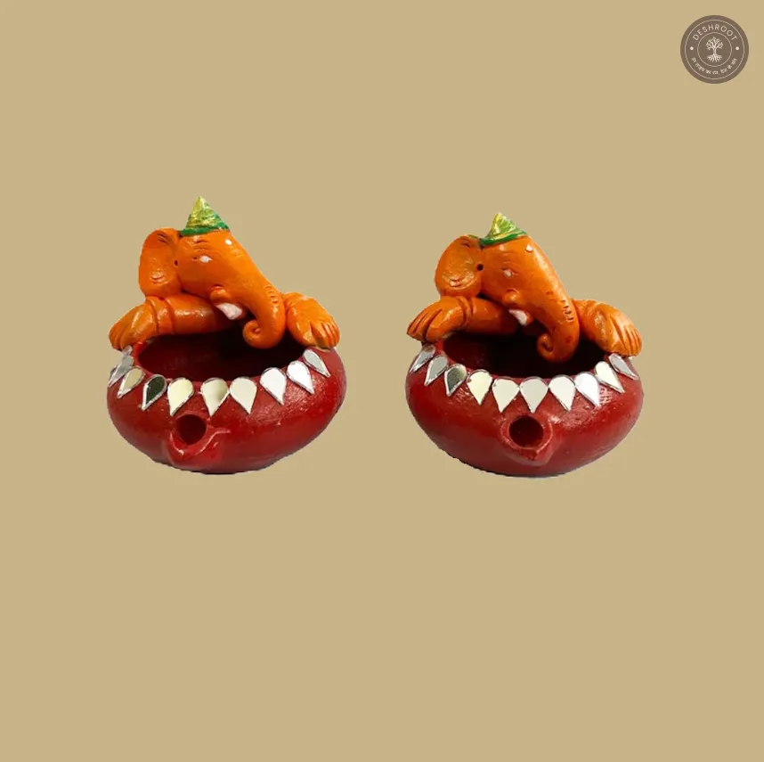Painted Ganesh Diya Set of 2 – Handcrafted Terracotta Decorative Diyas for Pooja & Festive Décor