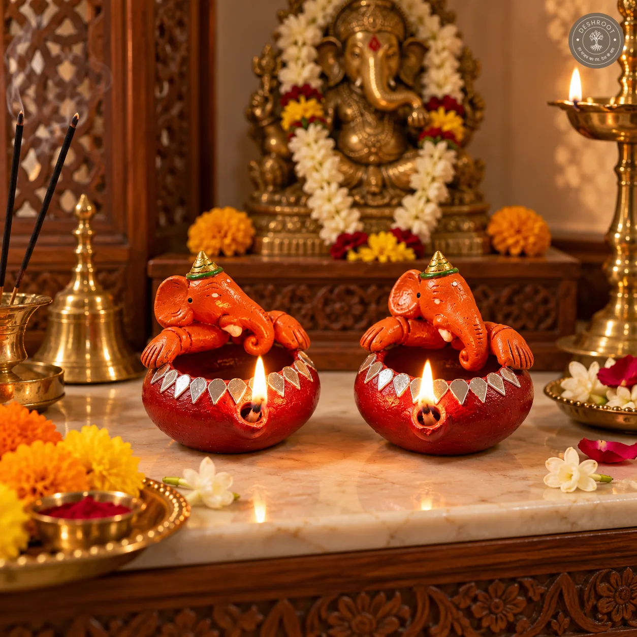 Painted Ganesh Diya Set of 2 – Handcrafted Terracotta Decorative Diyas for Pooja & Festive Décor