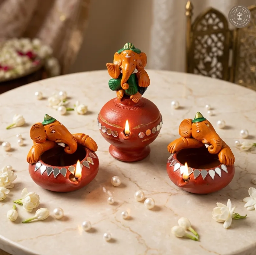 Painted Ganesh Diya Set – Handcrafted Terracotta Ganesha Diyas for Pooja, Diwali & Festive Décor