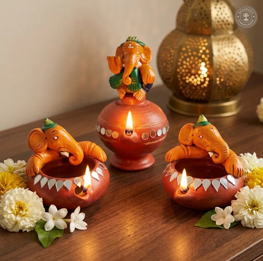 Painted Ganesh Diya Set – Handcrafted Terracotta Ganesha Diyas for Pooja, Diwali & Festive Décor