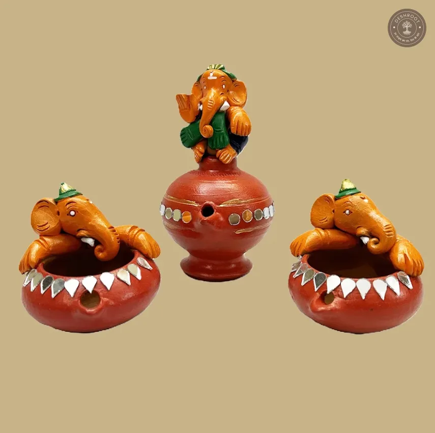 Painted Ganesh Diya Set – Handcrafted Terracotta Ganesha Diyas for Pooja, Diwali & Festive Décor