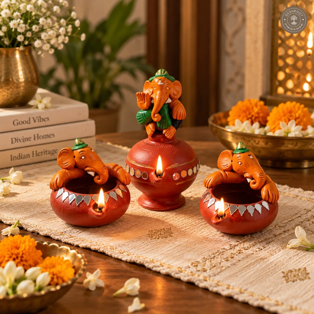 Painted Ganesh Diya Set – Handcrafted Terracotta Ganesha Diyas for Pooja, Diwali & Festive Décor