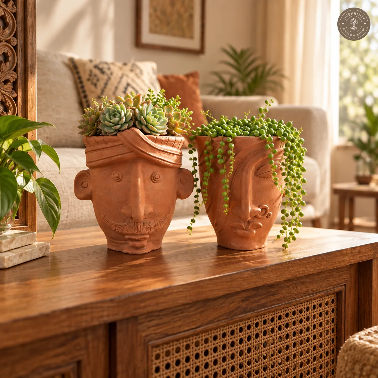 Terracotta Face Planters Pair – Handcrafted Clay Face Planters for Home, Balcony & Artistic Décor