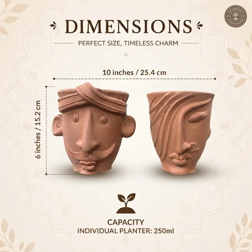Terracotta Face Planters Pair – Handcrafted Clay Face Planters for Home, Balcony & Artistic Décor
