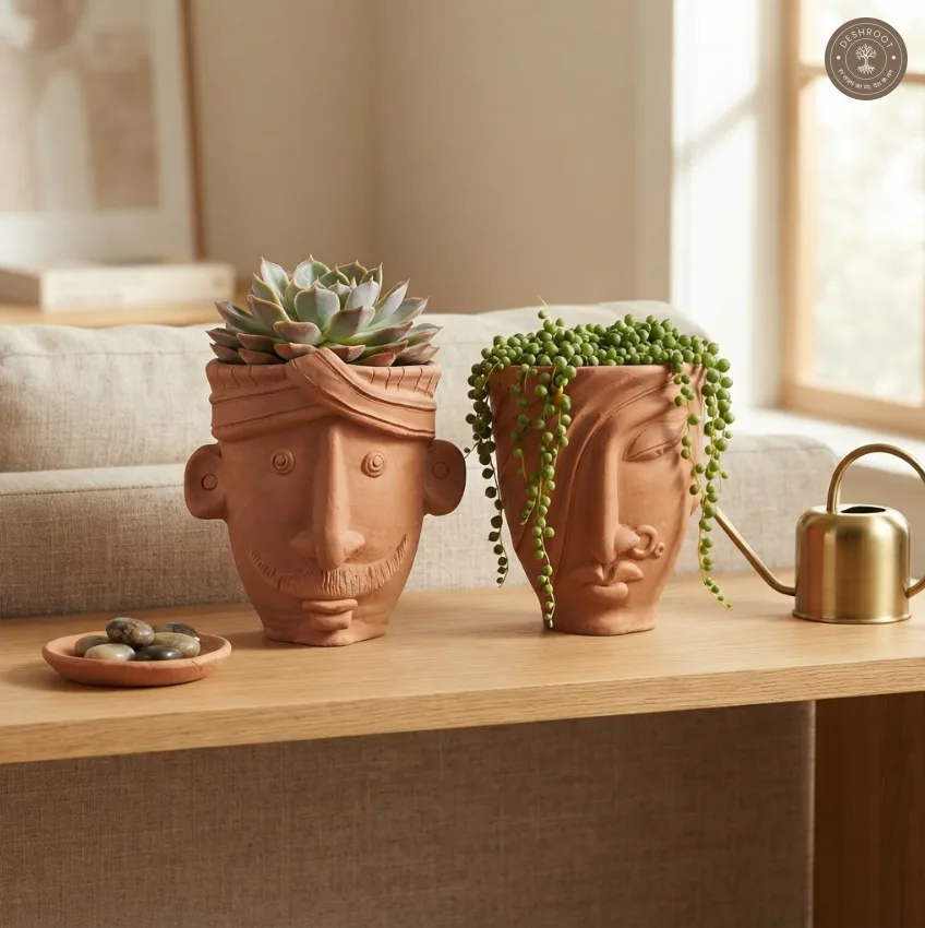 Terracotta Face Planters Pair – Handcrafted Clay Face Planters for Home, Balcony & Artistic Décor