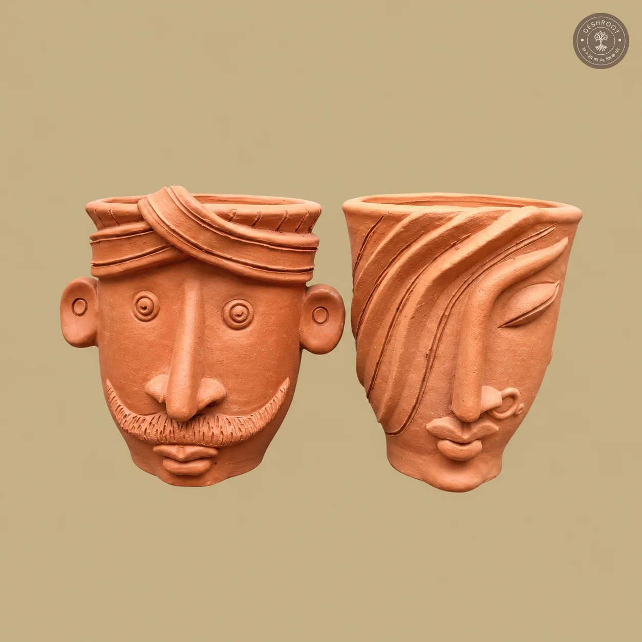 Terracotta Face Planters Pair – Handcrafted Clay Face Planters for Home, Balcony & Artistic Décor