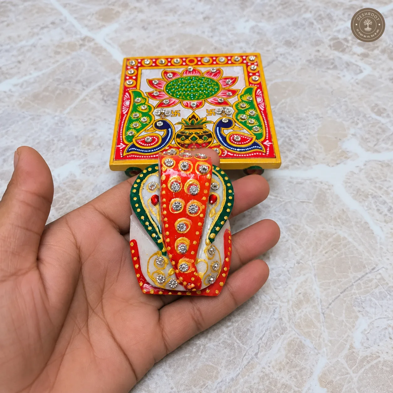 Handcrafted Marble Ganesh Chowki with Meenakari Work