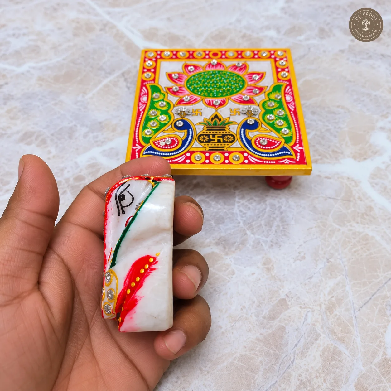 Handcrafted Marble Ganesh Chowki with Meenakari Work