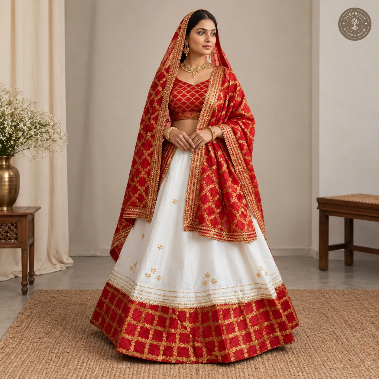 Pure Cosmos Silk Lehenga with Ghadchola Dupatta & Kachi Gota Patti Work