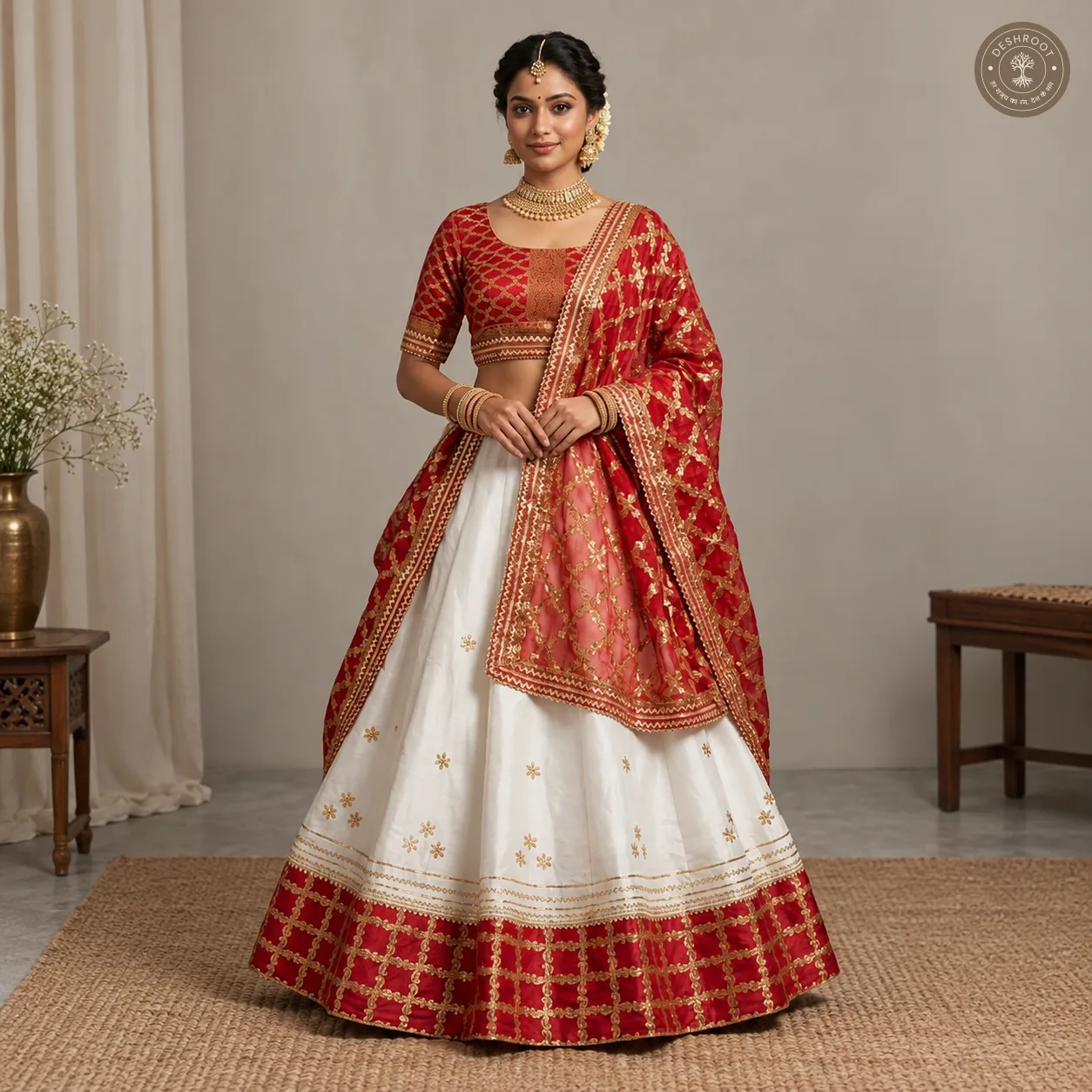 Pure Cosmos Silk Lehenga with Ghadchola Dupatta & Kachi Gota Patti Work