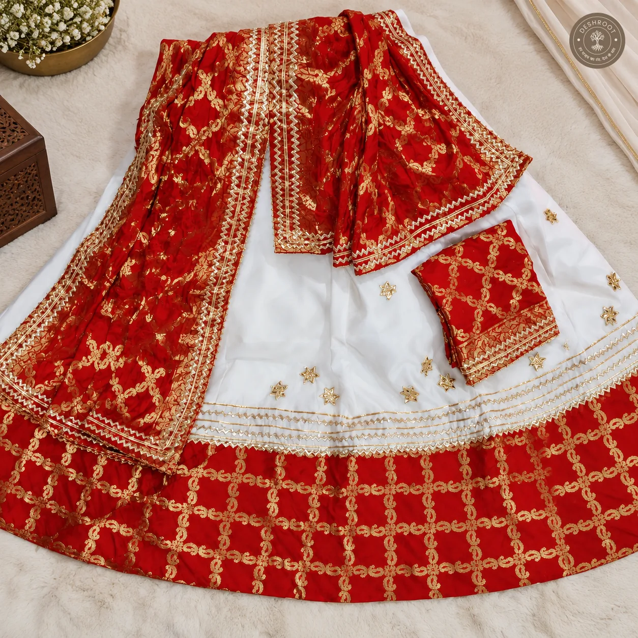 Pure Cosmos Silk Lehenga with Ghadchola Dupatta & Kachi Gota Patti Work