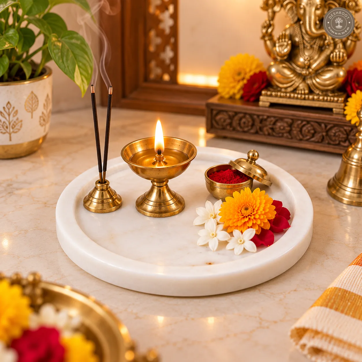 Handcrafted White Marble Pooja Thali Plate