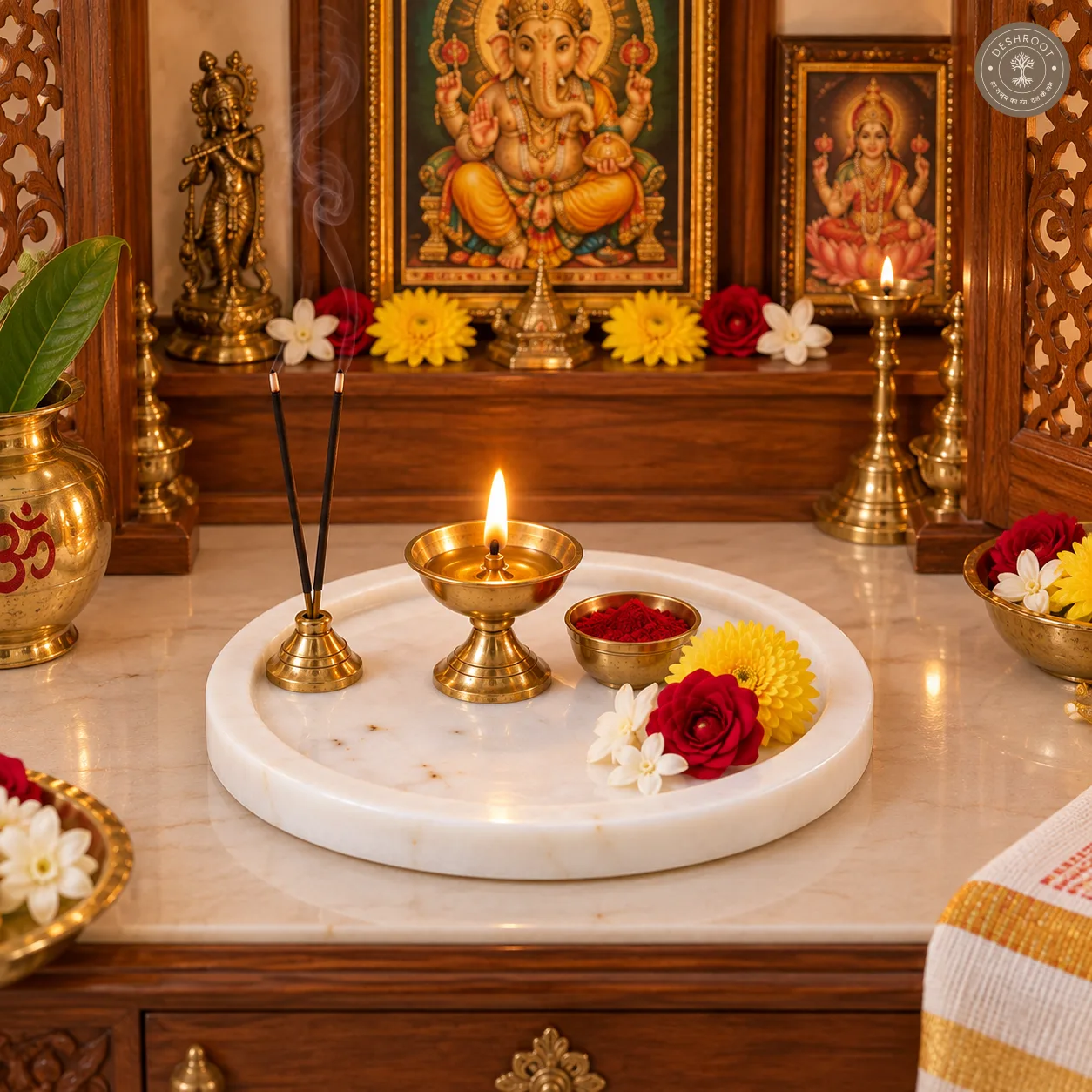 Handcrafted White Marble Pooja Thali Plate