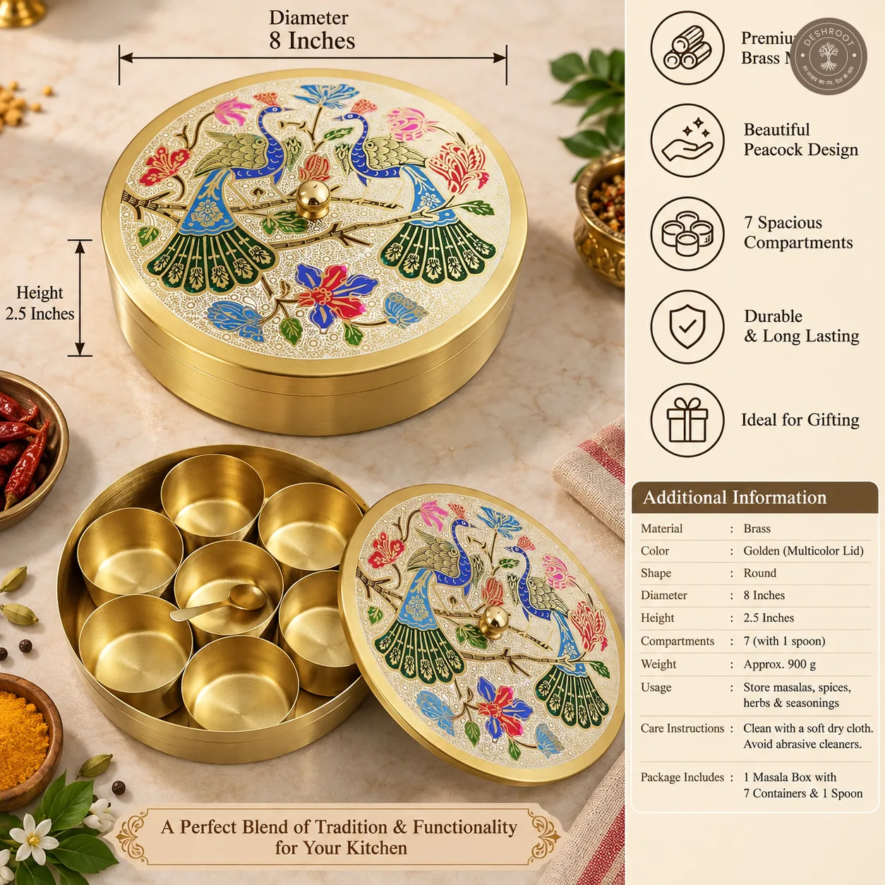 Brass Masala Box – 7-Compartment Spice Box