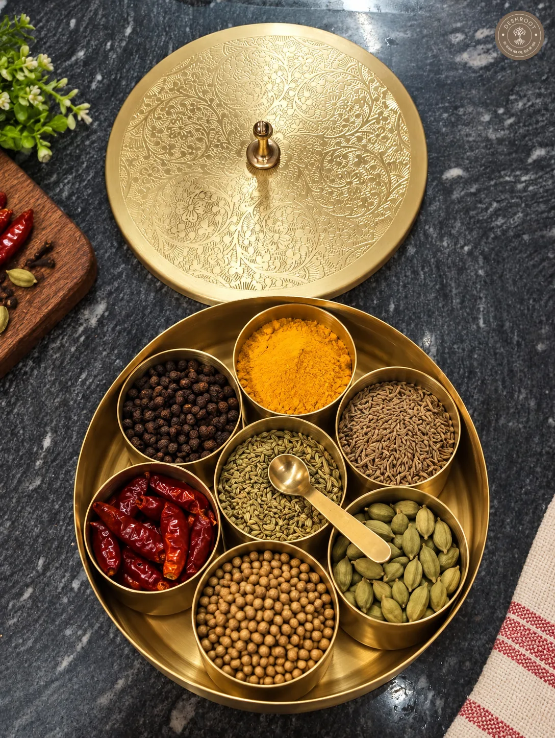 Brass Masala Box – 7-Compartment Spice Box