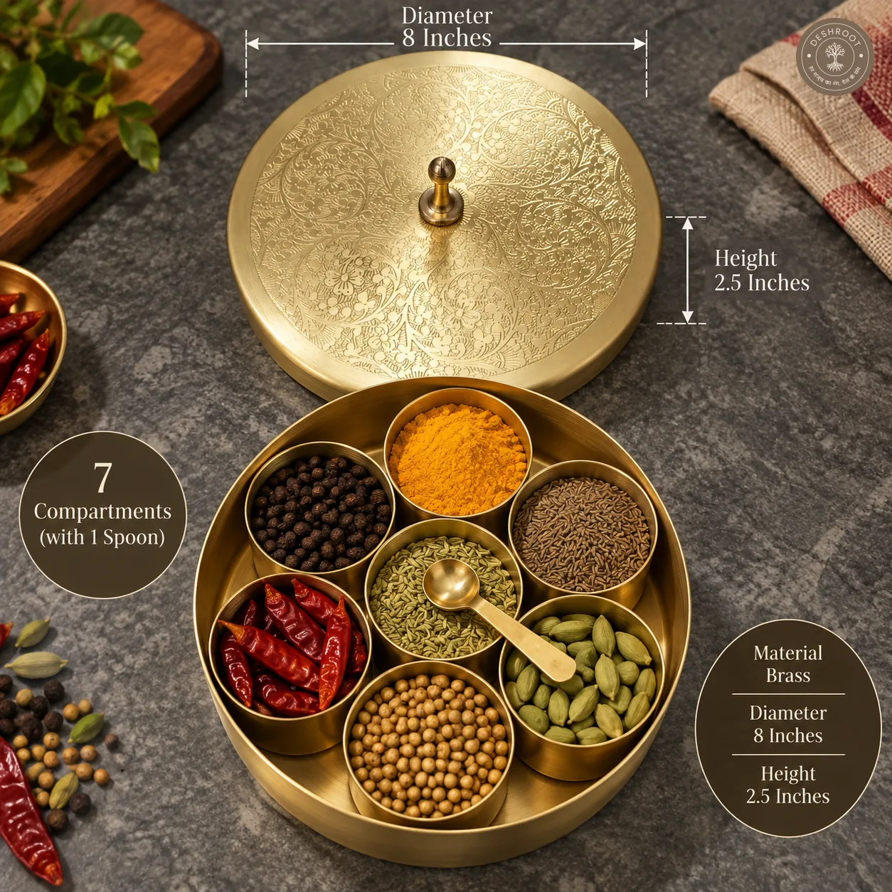 Brass Masala Box – 7-Compartment Spice Box