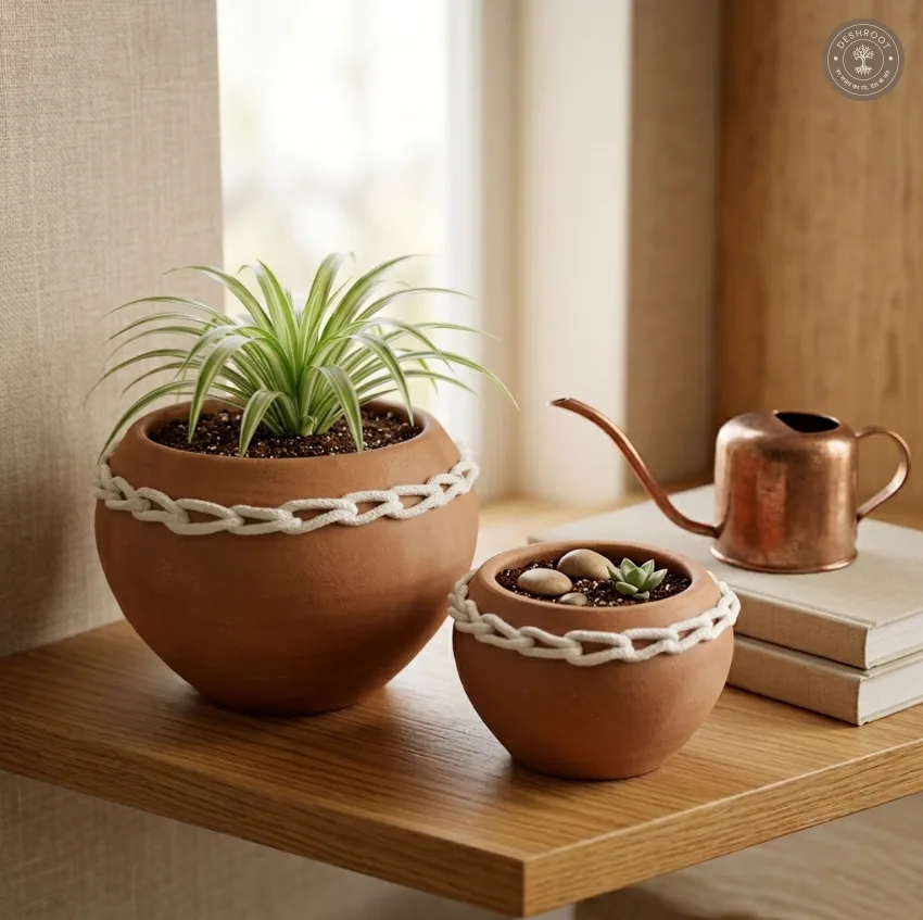 Terracotta Chain Planters Pair – Handcrafted Clay Planters with Decorative Chain Detailing