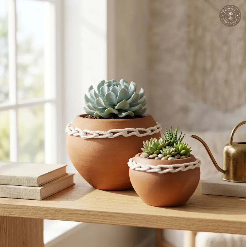 Terracotta Chain Planters Pair – Handcrafted Clay Planters with Decorative Chain Detailing