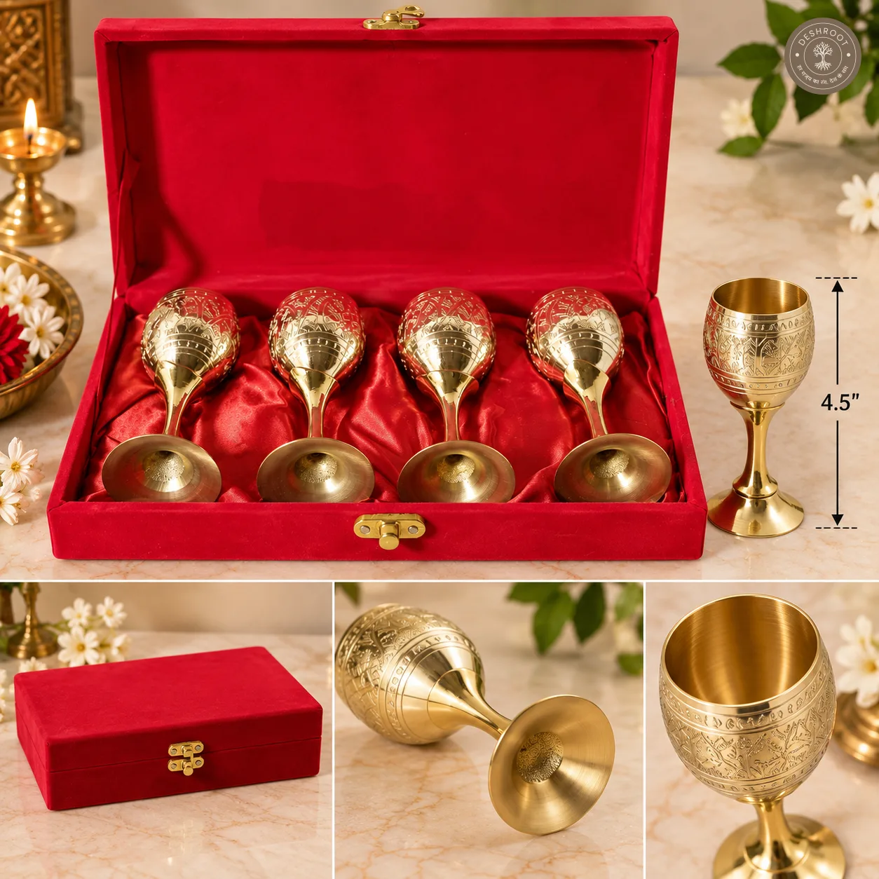 Royal Brass Cup Set – 4-Piece Traditional Gift Box