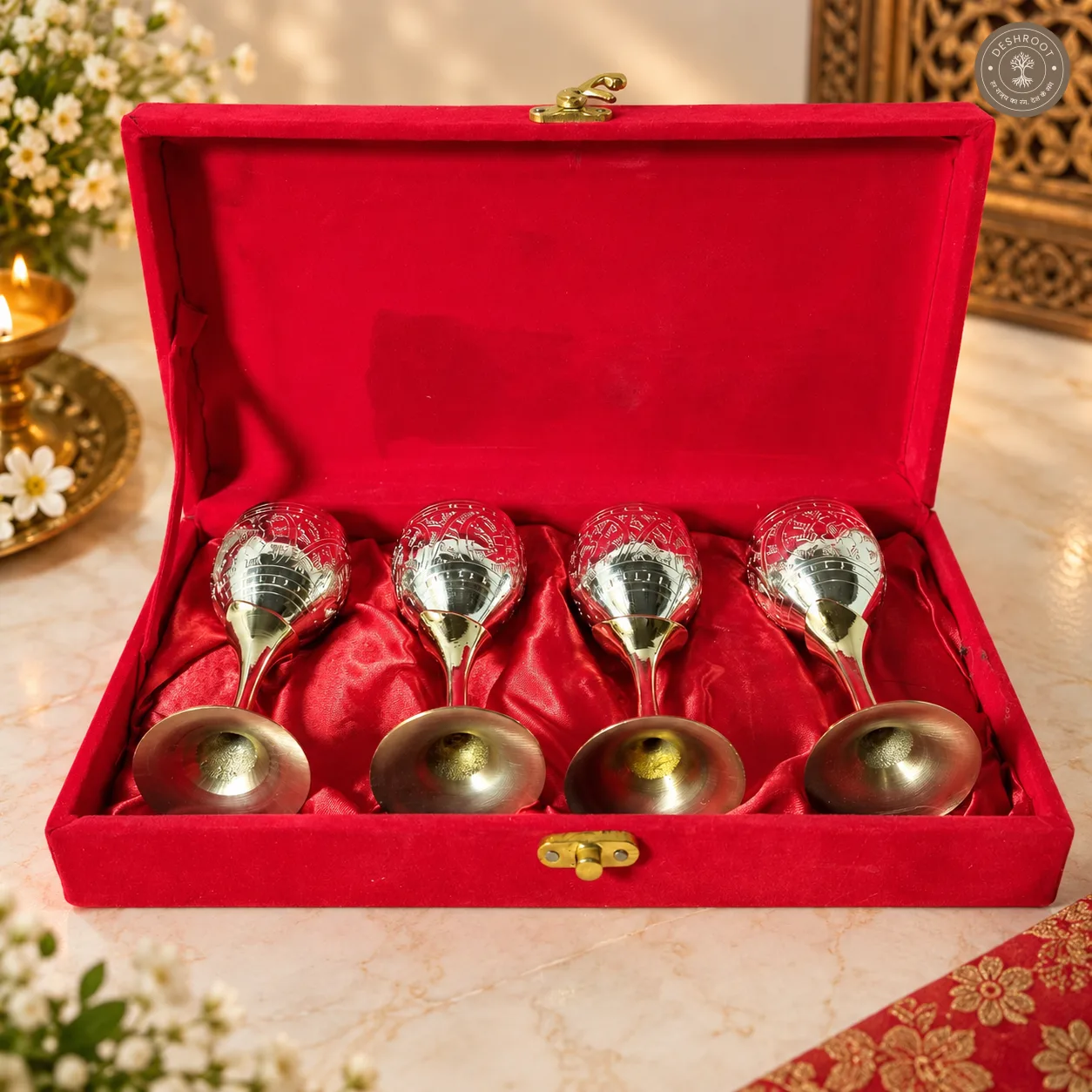 Royal Brass Cup Set – 4-Piece Traditional Gift Box