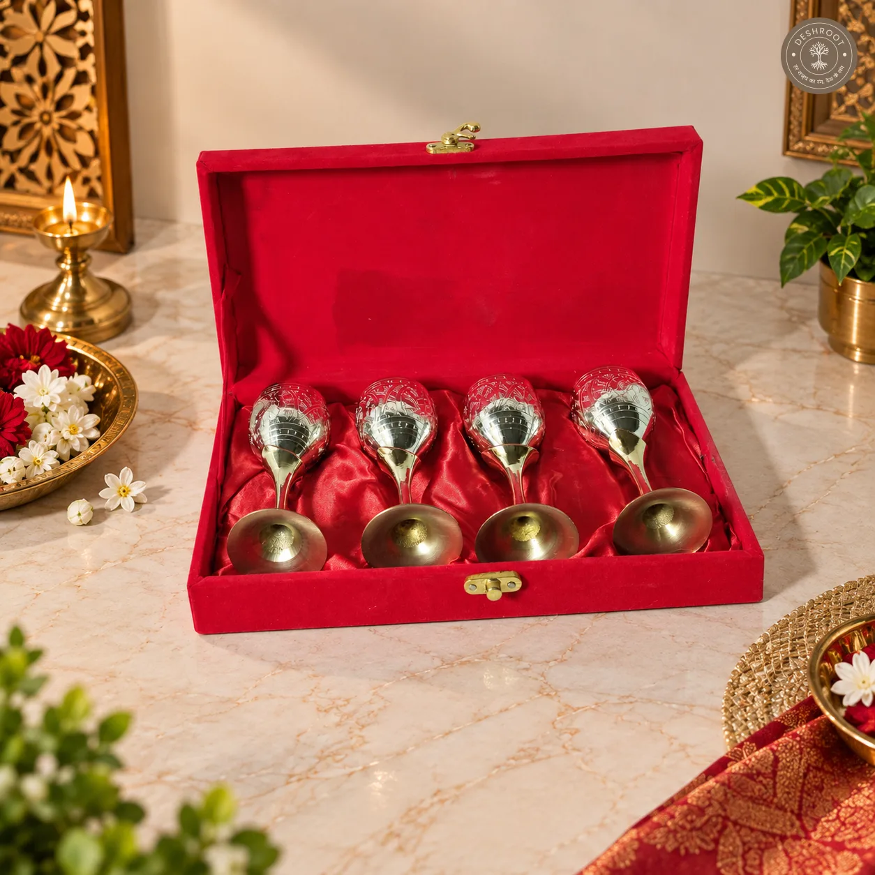 Royal Brass Cup Set – 4-Piece Traditional Gift Box