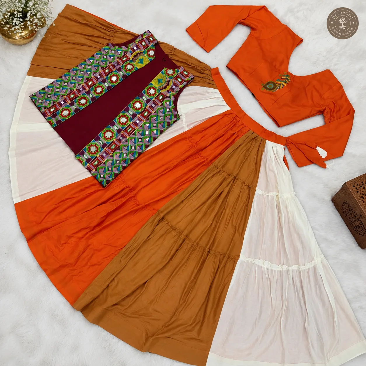 Pure Rayon Lehenga with Mirror Work Koti & Embroidered Blouse