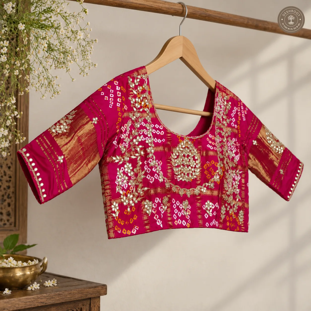 Handcrafted Gota Patti Model Silk Blouse with Bandhani & Mirror Work