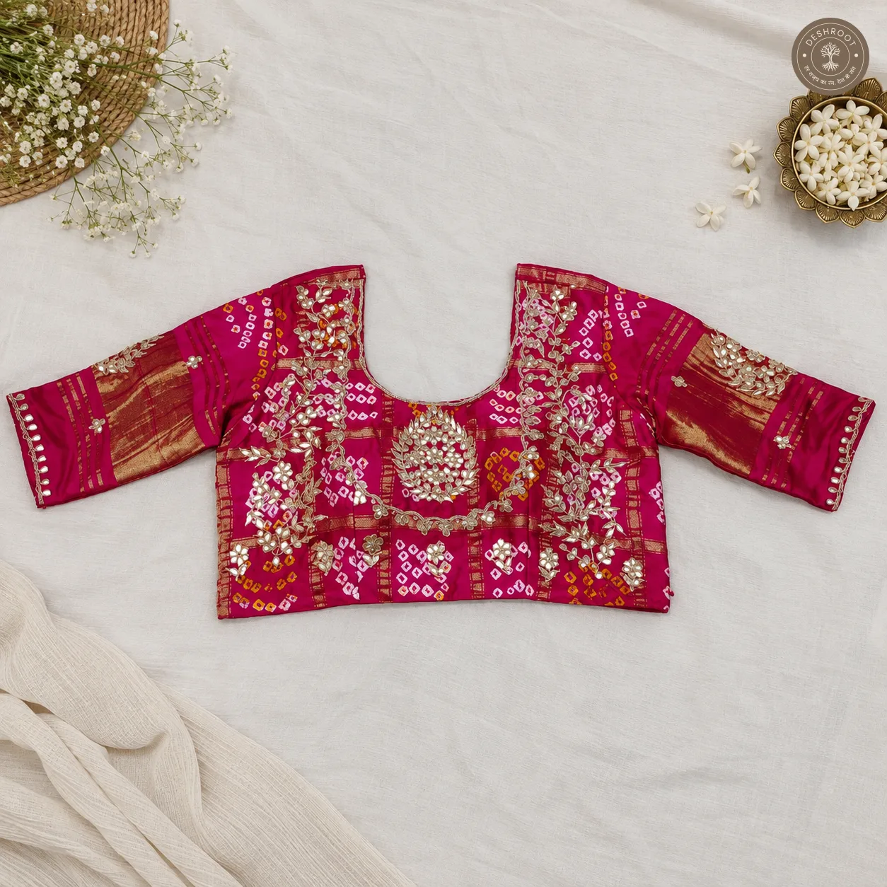 Handcrafted Gota Patti Model Silk Blouse with Bandhani & Mirror Work