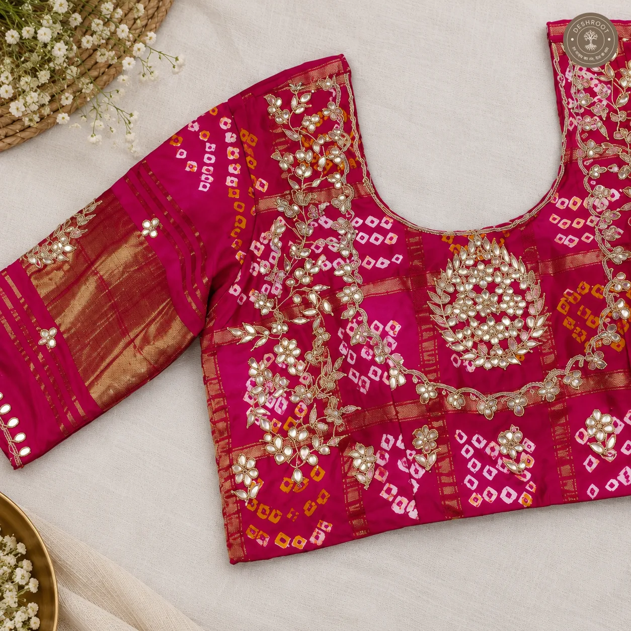 Handcrafted Gota Patti Model Silk Blouse with Bandhani & Mirror Work