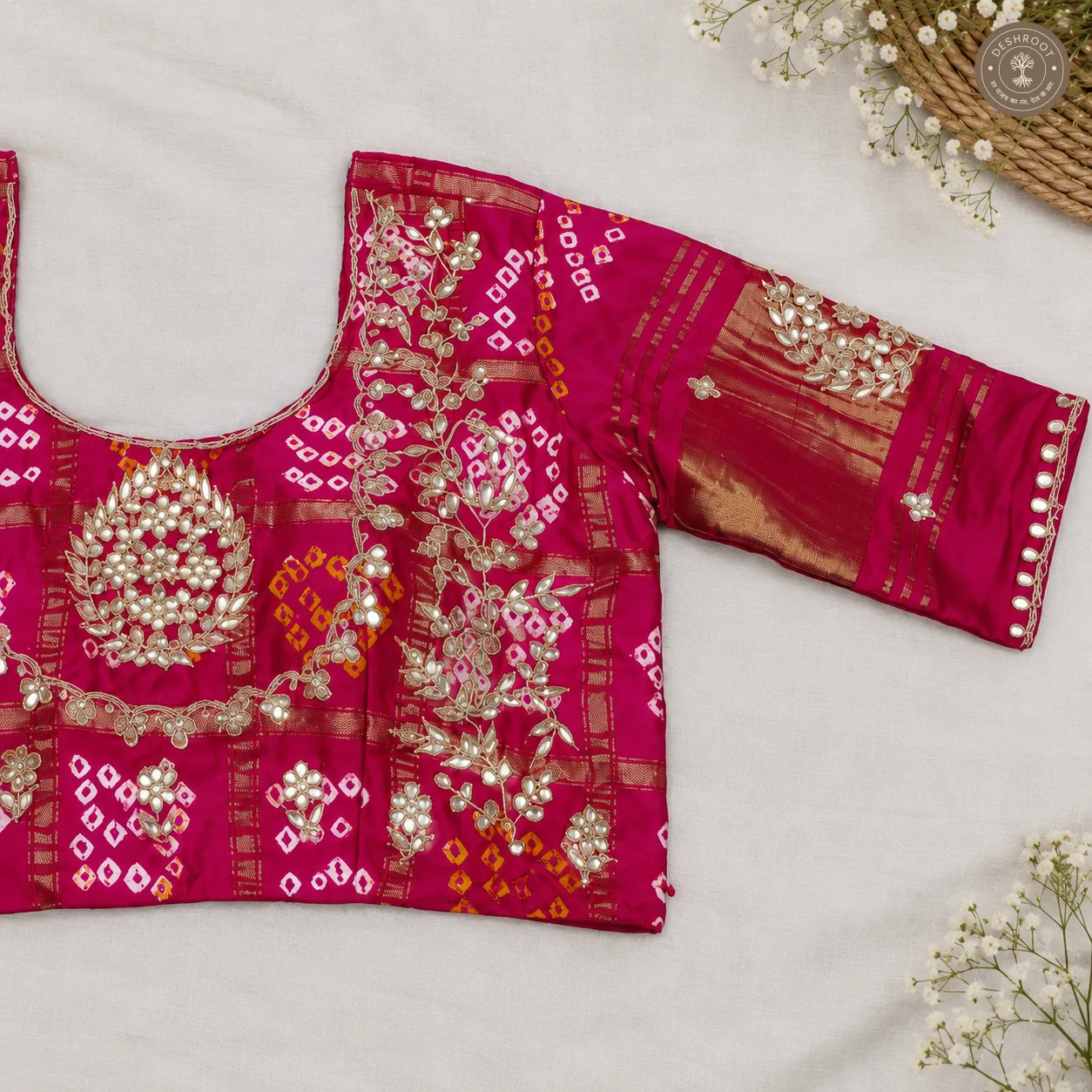 Handcrafted Gota Patti Model Silk Blouse with Bandhani & Mirror Work