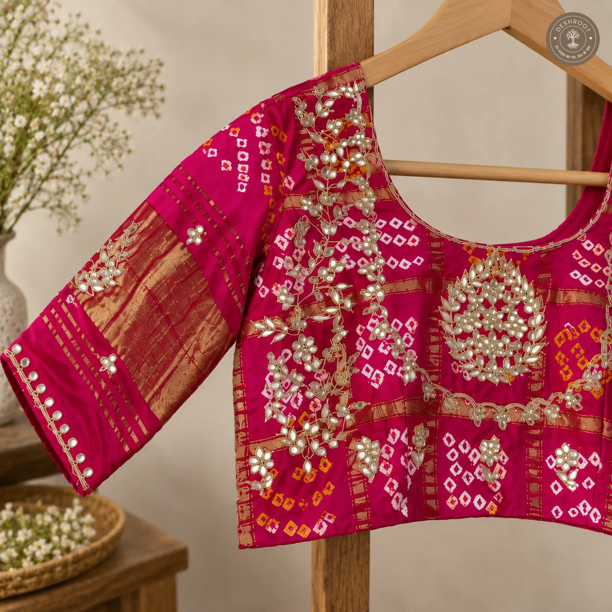 Handcrafted Gota Patti Model Silk Blouse with Bandhani & Mirror Work