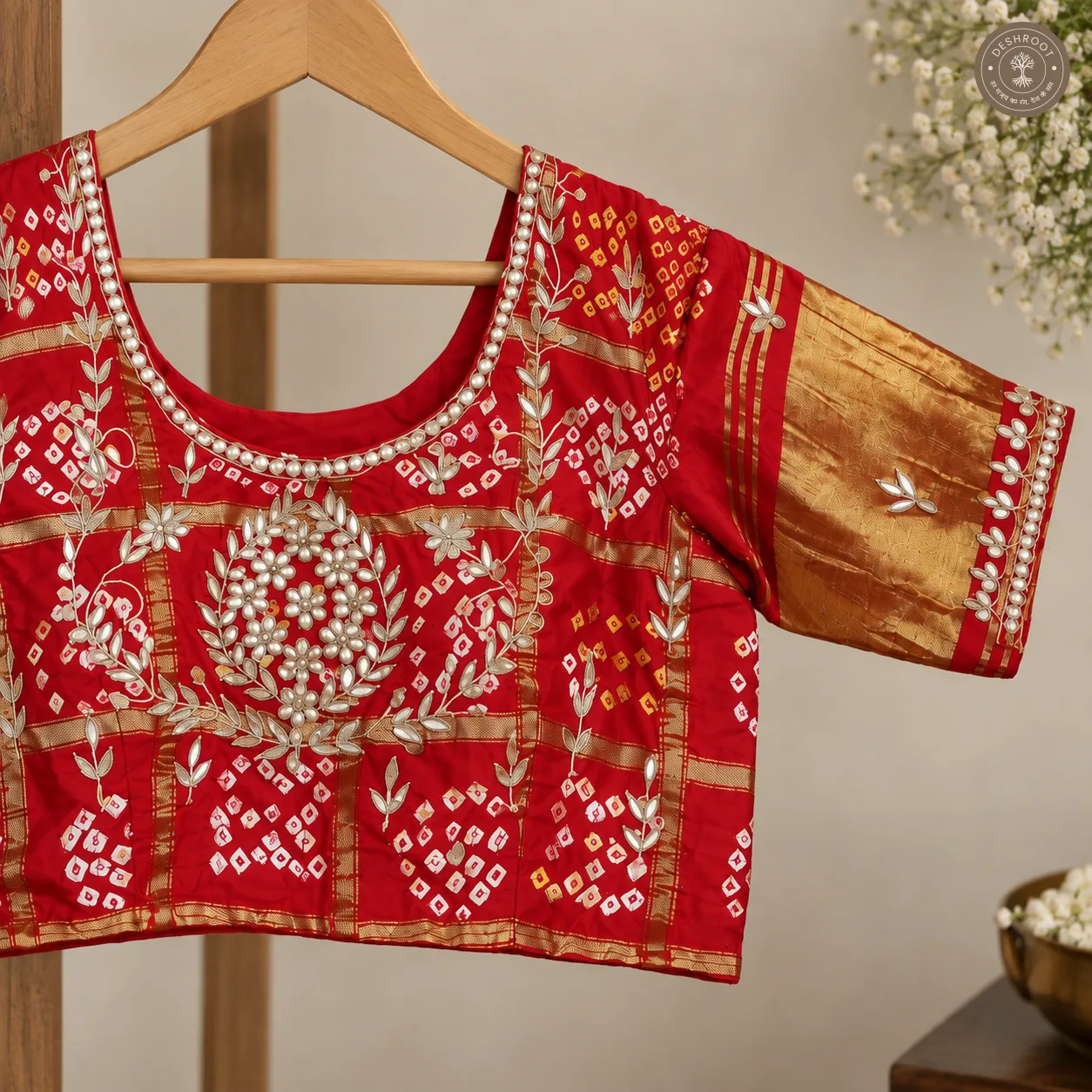 Red Model Silk Gota Patti Handwork Blouse with Cotton Lining