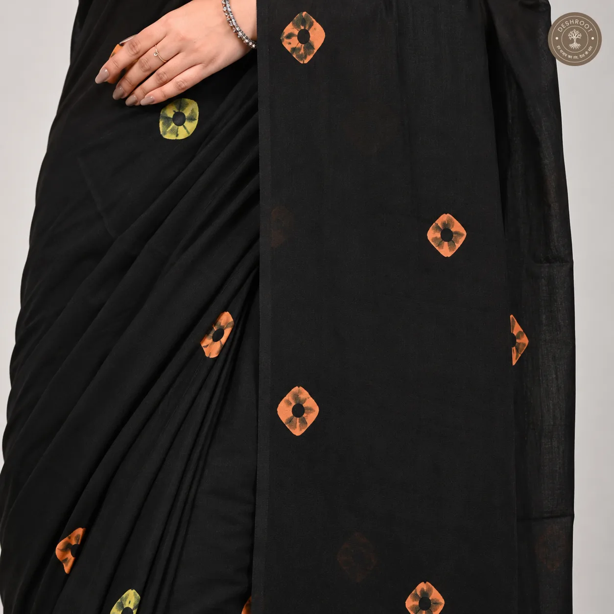 Black Hand Block Printed Mal Cotton Saree with 1 Meter Blouse