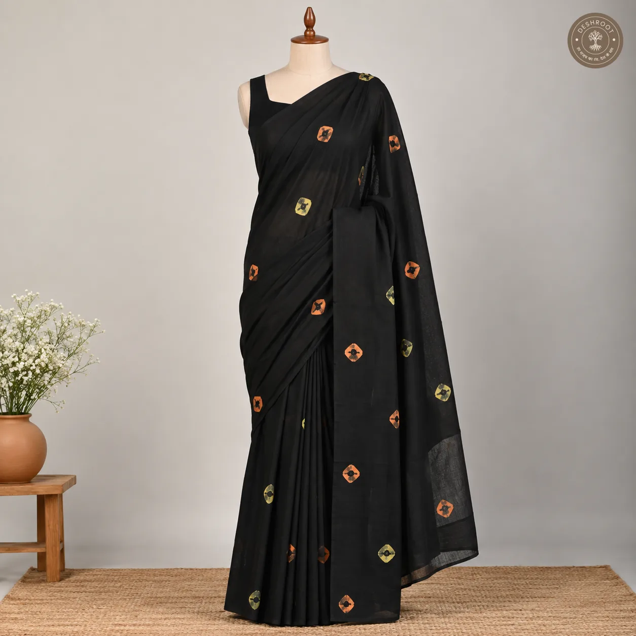 Black Hand Block Printed Mal Cotton Saree with 1 Meter Blouse