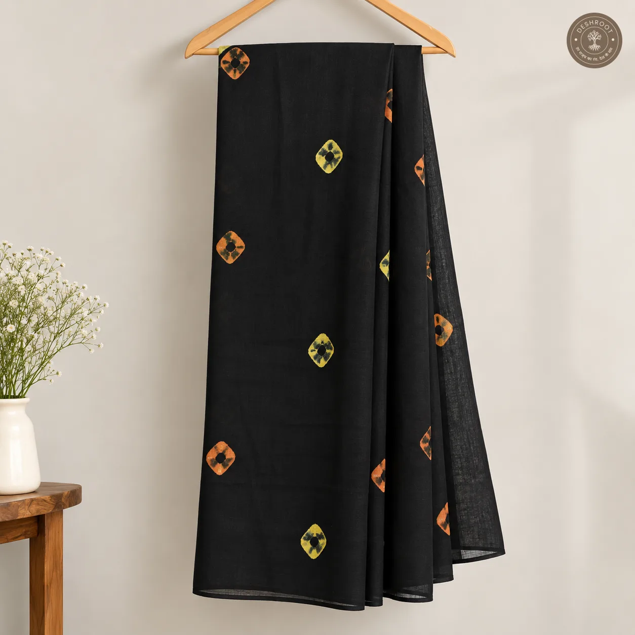 Black Hand Block Printed Mal Cotton Saree with 1 Meter Blouse